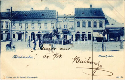 1899 (Vorläufer) Karánsebes, Caransebes; Fő tér, gyógyszertár, Eduard Neumann, Franz Strauss üzlete. M. Hecskó kiadása / Hauptplatz / main square, pharmacy, shops
