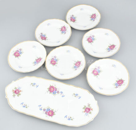 Hollóházi porcelán Hajnalka mintás, 6 személyes szendvicses / süteményes készlet, matricás, jelzett, hibátlan, kopásmentes arannyal.