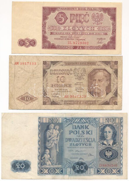 Lengyelország 1936. 20Zl + 1948. 5Zl + 10Zl T:III,III- Poland 1936. 20 Złotych + 1948. 5 Złotych + 10 Złotych C:F,VG