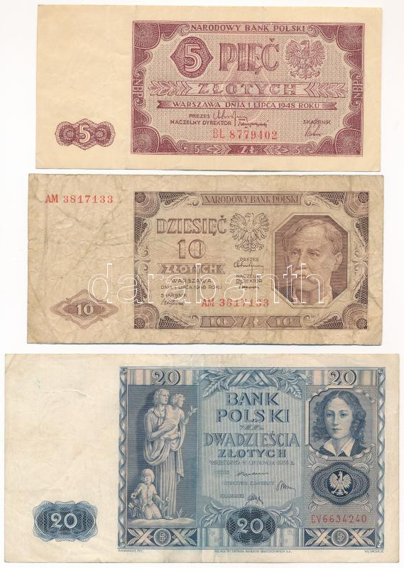 Lengyelország 1936. 20Zl + 1948. 5Zl + 10Zl T:III,III- Poland 1936. 20 Złotych + 1948. 5 Złotych + 10 Złotych C:F,VG