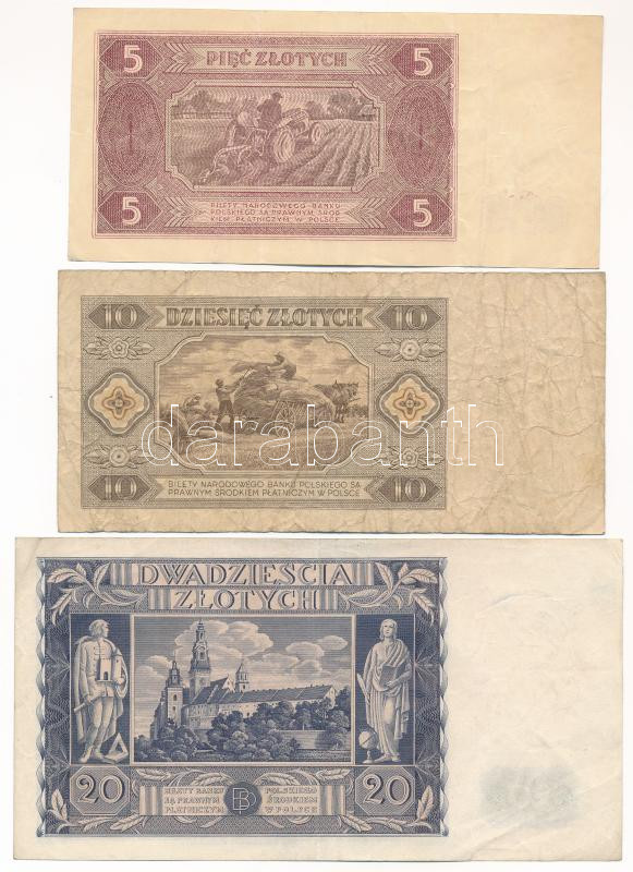 Lengyelország 1936. 20Zl + 1948. 5Zl + 10Zl T:III,III- Poland 1936. 20 Złotych + 1948. 5 Złotych + 10 Złotych C:F,VG - Image 2