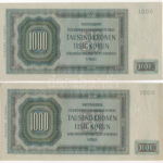 Német Harmadik Birodalom / Cseh-Morva Protektorátus 1942. 1000K 'II. kiadás' (2db, közeli sorszám) T:I-,II German Third Reich / Protectorate of Bohemia and Moravia 1942. 1000 Korun '2nd issue' (2pcs, close serial numbers) C:AU,XF Krause P#15 - Image 2