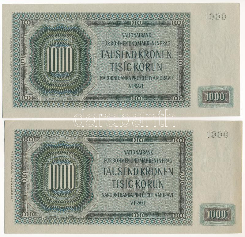 Német Harmadik Birodalom / Cseh-Morva Protektorátus 1942. 1000K 'II. kiadás' (2db, közeli sorszám) T:I-,II German Third Reich / Protectorate of Bohemia and Moravia 1942. 1000 Korun '2nd issue' (2pcs, close serial numbers) C:AU,XF Krause P#15 - Image 2