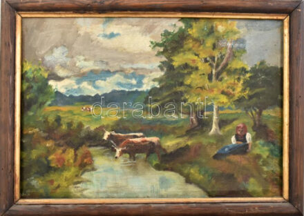Jelzés nélkül: Pásztorlány és tehenek a vízparton. Olaj, vászon, javított. Dekoratív fakeretben. 32×47 cm.