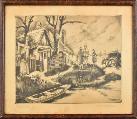 Remsey Jenő (1885-1970): Cigánysor. Rézkarc, papír. Jelzett. Lap széle kissé foltos.23,5x32,5 cm. Dekoratív, üvegezett, kissé sérült fakeretben.