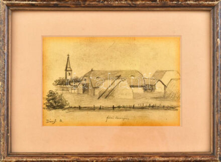 Dunst A jelzéssel, XX. sz. eleje: Felső-Marosújvár. Ceruza, papír. 13x20 cm. Üvegezett fakeretben.