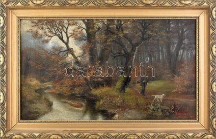 Keleti (Kelety) Gábor (1870-?): Vadász kutyájával a müncheni Hirschenauban, 1892. Olaj, vászon. Jelezve jobbra lent. Hátoldalán címkén korabeli autográf felirattal. Dekoratív fakeretben. 35x60 cm / Gábor Keleti (Kelety) (1870-?):