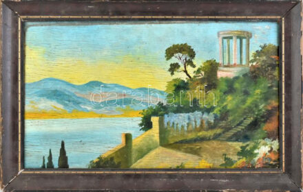 Jelzés nélkül: Itáliai romantikus táj. Olaj, falemez, kissé sérült. Dekoratív, kissé sérült fakeretben, 27×46,5 cm