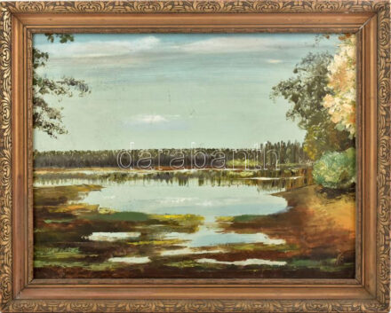 Olvashatatlan jelzéssel: Vízparti táj. Olaj, farost. Dekoratív, fakeretben, 40×52 cm