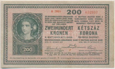 1918. 200K 'A 2058 052337' hulámos hátlappal T:III folt Adamo K31/6