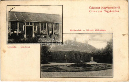 1909 Nagykomlós, Comlosu Mare; Üvegház és kertészlak / Glashaus, Gärtner Wohnhaus / greenhouse, gardener's house (szakadás / tear)