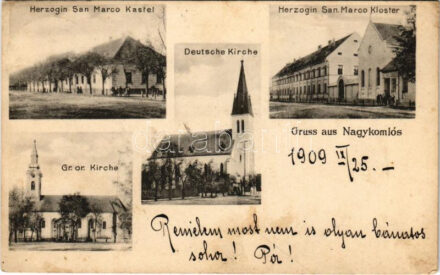 1909 Nagykomlós, Comlosu Mare; Herzogin San Marco Kastel und Kloster, Kirche / San Marco herceg kastély és kolostora, Német és görögkeleti templom / castle and cloister, German and Greek Orthodox churches (EK)