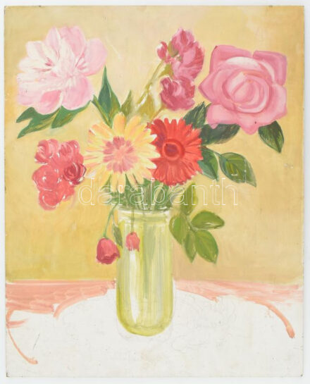 Jelzés nélkül: Csendélet. Olaj, ceruza, farost. 50×40 cm