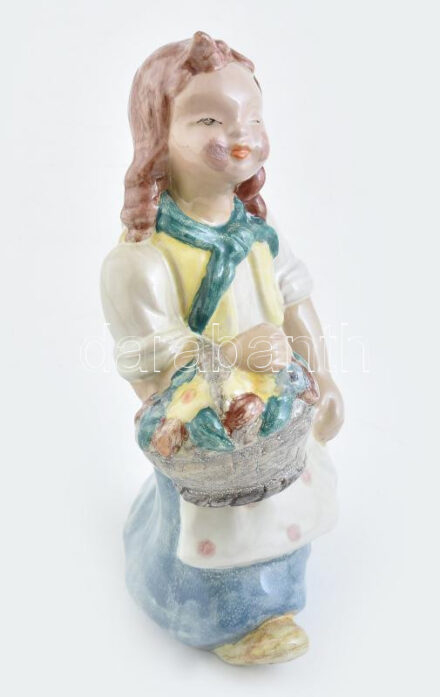 H. Ráhmer Mária (1911-1998): Virágkosaras kislány. Mázhibákkal, jelzett: H. !!!, m: 25 cm
