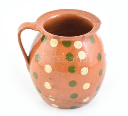 Népi pöttyös szilke, mázas cserép, lepattanással, mázhibákkal, m: 18 cm