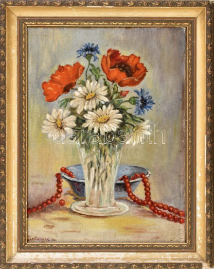 Olvashatatlan (Lette...?) jelzéssel: Csendélet. Olaj, karton. Dekoratív, kissé sérült fakeretben. 35×25 cm