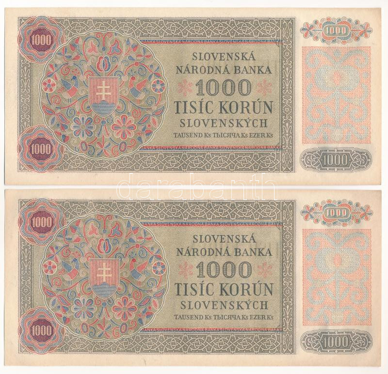 Szlovákia 1940. 1000K (2db, egyugrásos sorszámkövető) T:II hajtatlan, fo. Slovakia 1940. 1000 Korun (2pcs, one leap consecutive serials) C:XF unfolded, spotted Krause P#13 - Image 2