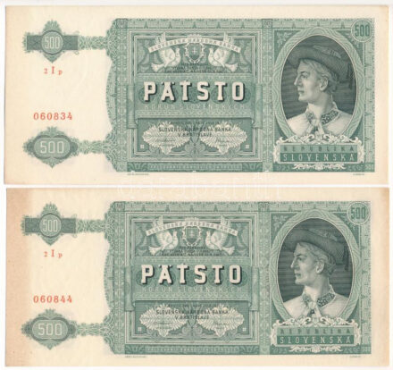 Szlovákia 1941. 500K (2db, közeli sorszámok) T:II hajtatlan, fo. Slovakia 1941. 500 Korun (2pcs, close serial numbers) C:XF unfolded, spotted Krause P#12