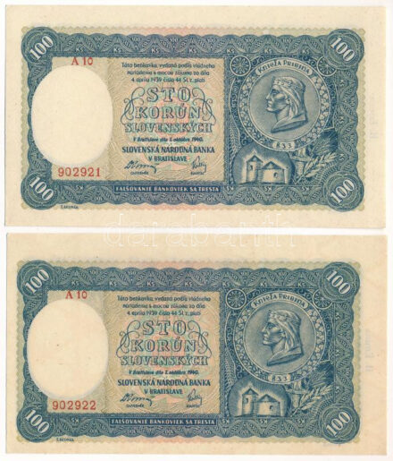 Szlovákia 1941. 100K 'II. kiadás' (2db, sorszámkövető) T:I- Slovakia 1941. 100 Korun '2nd issue' (2pcs, consecutive serials) C:AU Krause P#10