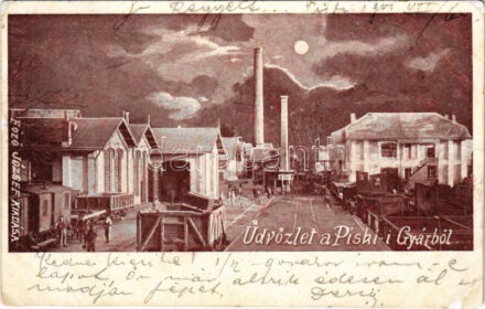 1901 Piski, Simeria; MÁV vasúti műhely, gyár este. Főző József kiadása / repair workshop of the Hungarian State Railways with trains (factory) at night (EB)