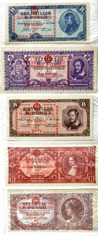 1946. 10.000BP + 100.000BP + 1.000.000BP + 10.000.000BP + 100.000.000BP '1945-1970 - FELSZABADULÁSI PÉNZKIÁLLÍTÁS a Magyar Néphadseregnél 1970. április 1-4-ig' felülbélyegzéssel T:I Adamo P35-P39, FF9.1.7