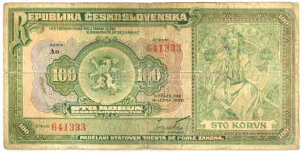 Csehszlovákia 1920. 100K 'Ao 641333' T:III- Czechoslovakia 1920. 100 Korun 'Ao 641333' C:VG Krause 17a
