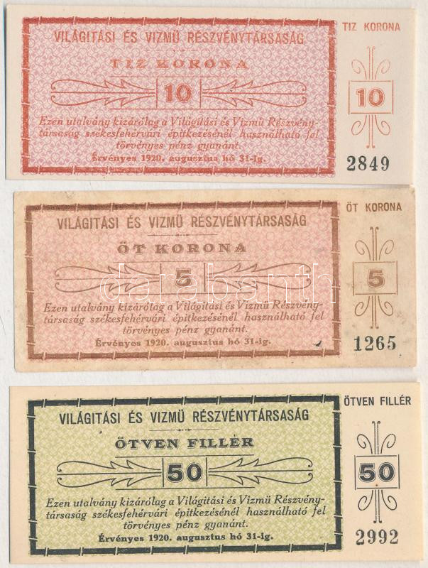 Székesfehérvár 1920. 10K + 5K + 50f 'Világítási és Vízmű Részvénytársaság' utalvány T:I, I- fo. Adamo SZF1
