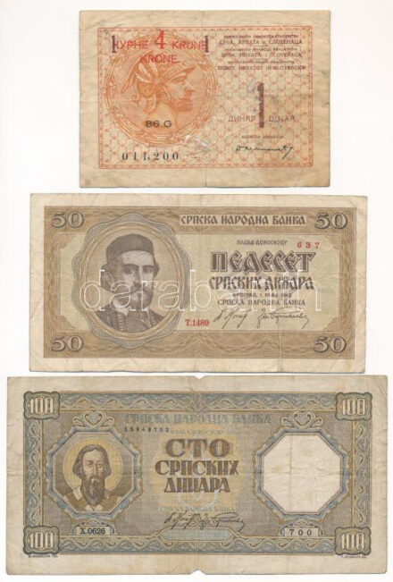 Jugoszlávia / Szerb-Horvát-Szlovén Királyság 1919. 1D piros '4K' felülbélyegzéssel + Szerbia 1942. 50D + 1943. 100D T:III-IV Yugoslavia / Kingdom of the Serbs, Croats and Slovenes 1919. 1 Dinar with red '4 Kronen' overprint + Serbia 1942.