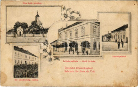 1917 Körösbánya, Kőrösbánya, Altenburg, Baia de Cris; Római katolikus templom, Takarékpénztár, Tulipán szálloda, Kir. Járásbíróság. Cotioiu Romulus kiadása / church, savings bank, hotel, court. Art Nouveau, floral (fa)