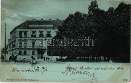 1899 (Vorläufer) Karánsebes, Caransebes; Offiziers Pavillion und städtischer Park / Városliget és Tiszti pavilon este. M. Hecskó kiadása / officers' pavilion, park, night