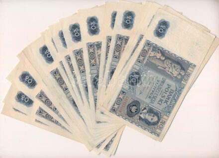 Lengyelország 1936. 20Zl (23db) közte sorszámkövetők és közeli sorszámúak: a számok 'CX7355319' és 'CX7355396' közöttiek T:II-III Poland 1936. 20 Zlotych (23pcs) within consecutive serials and close serial numbers: numbers between