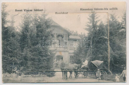 1913 Nagyvárad, Oradea; Szent Vince Intézet, Homlokzat, Rimanóczy Kálmán-féle szőlők. Leporello az építész arcképével, kápolna és ebédlő belső, filagória / school, vineyards. Leporellocard with the portrait of the architect,