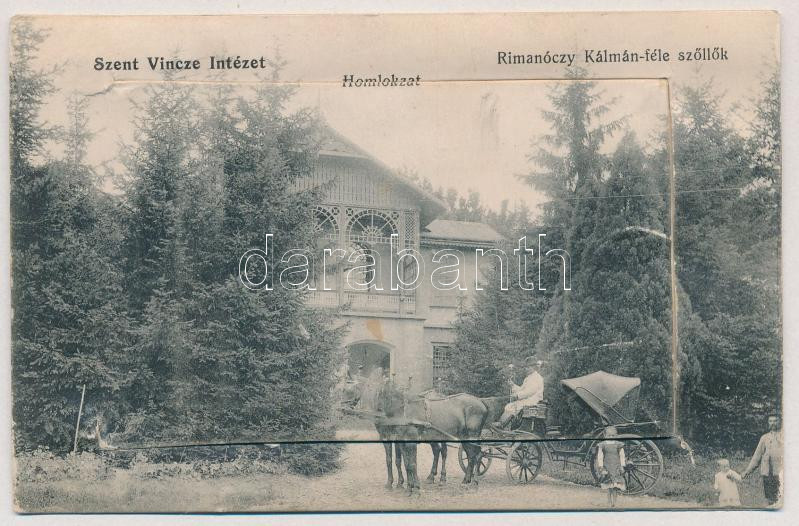 1913 Nagyvárad, Oradea; Szent Vince Intézet, Homlokzat, Rimanóczy Kálmán-féle szőlők. Leporello az építész arcképével, kápolna és ebédlő belső, filagória / school, vineyards. Leporellocard with the portrait of the architect,