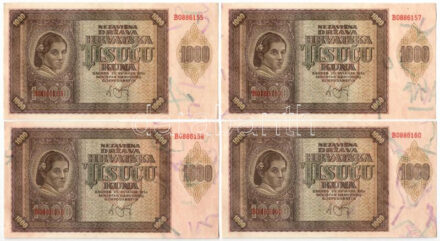 Horvátország / Független Horvát Állam 1941. 1000K (9db) közte sorszámkövetők és közeli sorszámok 'B0886155' és B0886179' között T:I-,II Croatia / Independent State of Croatia 1941. 1000 Kuna (9pcs) within consecutive serials and