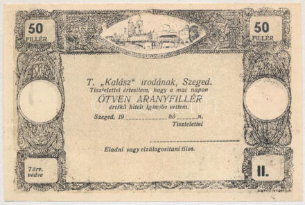 Szeged DN 19.. 'Kalász' 50f, sorszám, bélyegzés nélkül! T:I Adamo SZE45