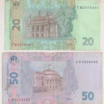 Ukrajna 2005. 50H + 2013. 20H T:III folt, az egyiken kis kopás Ukraine 2005. 50 Hryven + 2013. 20 Hryven C:F spot, small material error on one Krause P#121,120