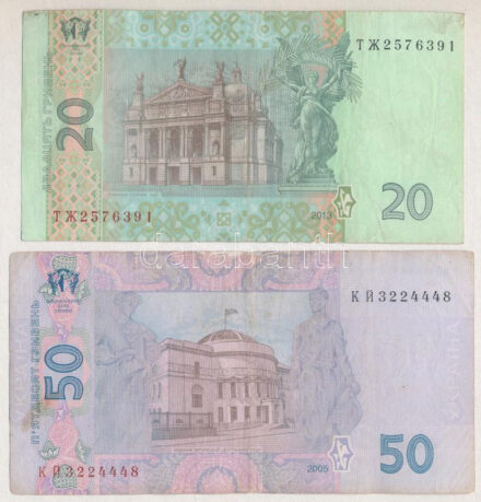 Ukrajna 2005. 50H + 2013. 20H T:III folt, az egyiken kis kopás Ukraine 2005. 50 Hryven + 2013. 20 Hryven C:F spot, small material error on one Krause P#121,120
