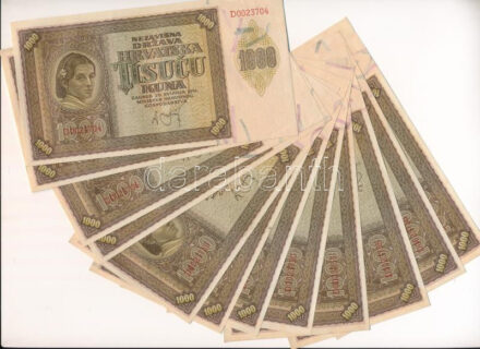Horvátország / Független Horvát Állam 1941. 1000K (12db) közte sorszámkövetők és közeli sorszámok 'D0023704' és D0023738' között T:I- némelyiken szamárfül Croatia / Independent State of Croatia 1941. 1000 Kuna (12pcs) within