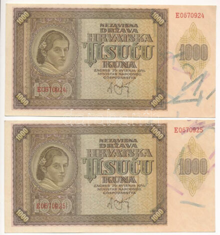 Horvátország / Független Horvát Állam 1941. 1000K (2db) sorszámkövetők 'E0670924 - E0670925' T:I- Croatia / Independent State of Croatia 1941. 1000 Kuna (2pcs) consecutive serials 'E0670924 - E0670925' C:AU Krause P#4