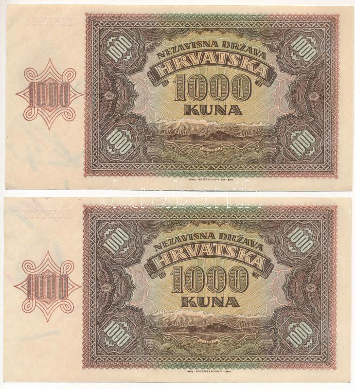 Horvátország / Független Horvát Állam 1941. 1000K (2db) sorszámkövetők 'E0670924 - E0670925' T:I- Croatia / Independent State of Croatia 1941. 1000 Kuna (2pcs) consecutive serials 'E0670924 - E0670925' C:AU Krause P#4 - Image 2