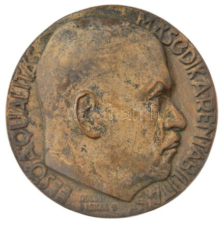 Boldogfai Farkas Sándor (1907-1970) DN 'Férfi portré - első a qualitas, második a rentabilitas' bronz egyoldalas emlékérem (115mm) T:1- erősen patinás