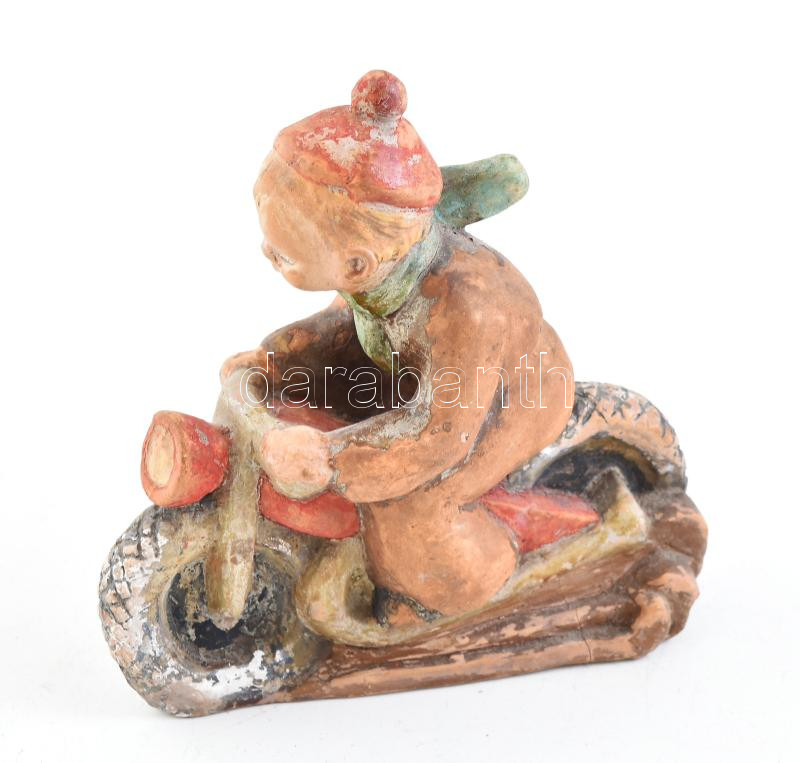 Olvashatatlan jelzéssel: Motoros fiú, kerámia, kopott, ragasztott, m: 17 cm - Image 2