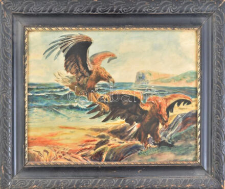 Jelzés nélkül: Sasok. Akvarell, papír. Dekoratív, üvegezett fakeretben. 28×30 cm