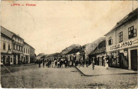 Lippa, Lipova; Fő utca, Eiszele János és Huszarek Ágoston üzlete / main street, shops (EB)