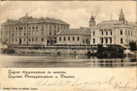 1901 Lugos, Lugoj; Főgimnázium és színház. Weisz és Sziklai kiadása / grammar school, theatre (szakadás / tear)