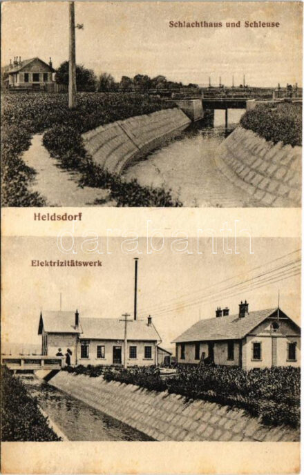 Höltövény, Heldsdorf, Halchiu; Schlachthaus und Schleuse, Elektrizitätswerk / Elektromos művek, Vágóhíd, csatorna és gát. Peter Dück kiadása / electric power plant, slaughterhouse, canal, dam