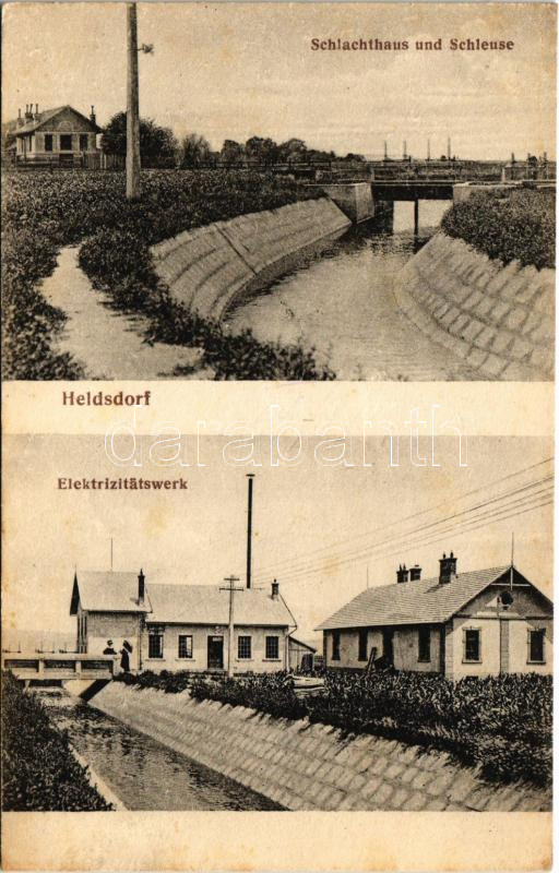 Höltövény, Heldsdorf, Halchiu; Schlachthaus und Schleuse, Elektrizitätswerk / Elektromos művek, Vágóhíd, csatorna és gát. Peter Dück kiadása / electric power plant, slaughterhouse, canal, dam