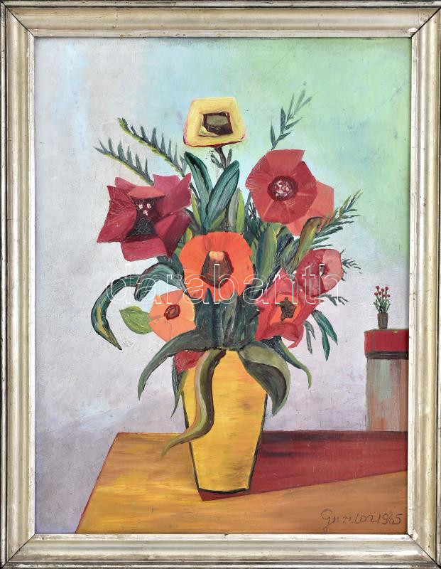 Olvashatatlan jelzéssel: Csendélet. Olaj, karton. Dekoratív, sérült fakeretben. 55x42 cm