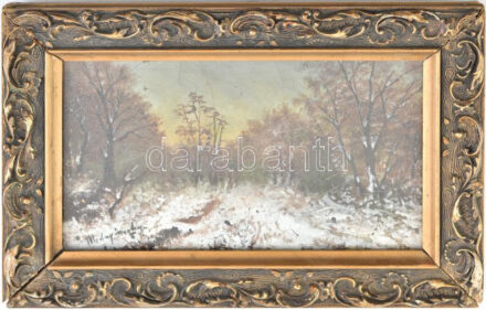 Mednyánszky jelzéssel: Téli táj. Olaj, vászon, kissé sérült. Dekoratív, sérült üvegezett fakeretben. 11x19 cm