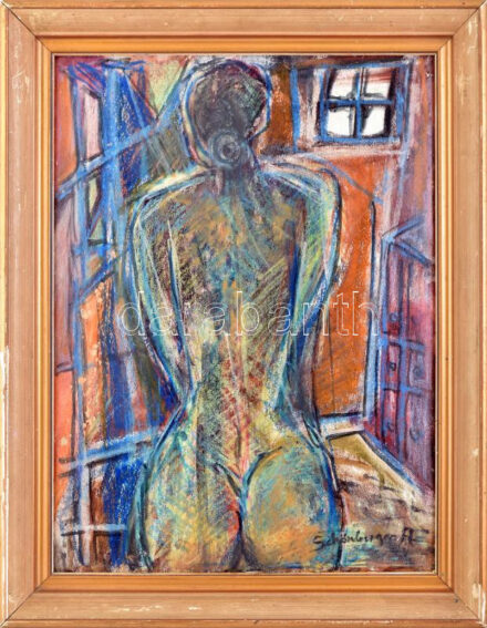 Schönberger A jelzéssel: Hátakt. Pasztell, karton. Dekoratív, sérült fakeretben. 40x29 cm
